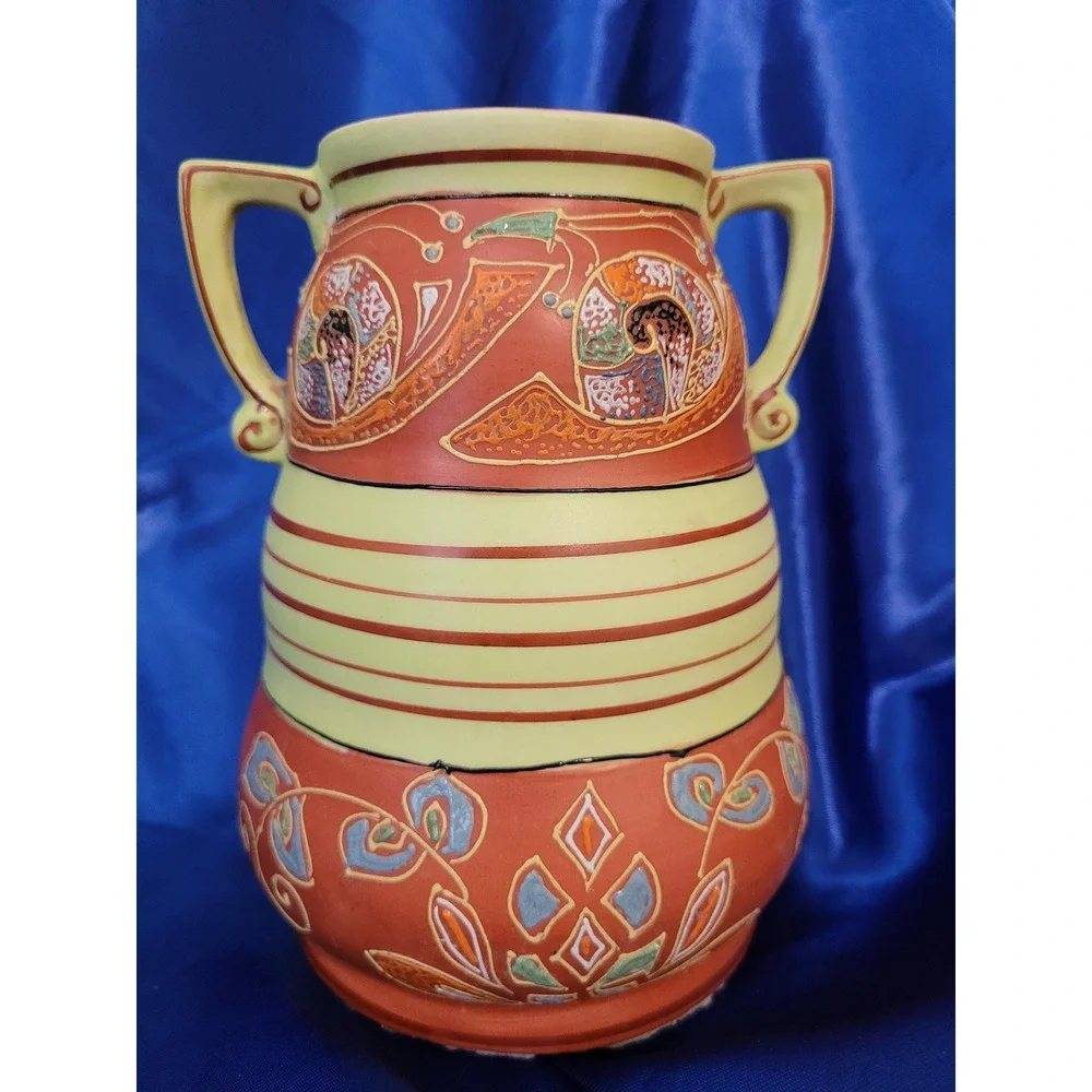 Ceramic Vase, Royal Trico, Two-handled Art Deco Motifs Japan Handpainted Vintage